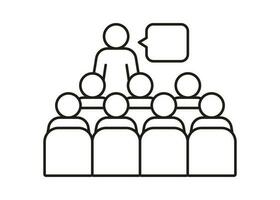 Lector man speech on conference with audience spectator, line icon. Speaker by leader, teacher talking before of people spectators back. Vector illustration