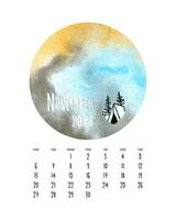 Calendar November 2023 with watercolor circle background. vector