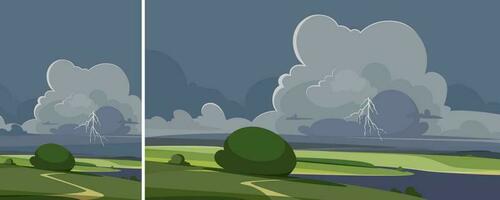 Landscape with thunderstorm. Natural scenery in different formats. vector