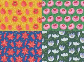 Set of seamless pattern with garden flower heads. Beautiful nature textures in flat style. vector