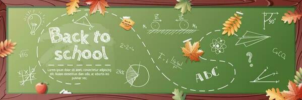 Banner template with school board, autumn leaves and chalk lettering. Back to school, knowledge day. Banner, poster, brochure, background, etc. vector