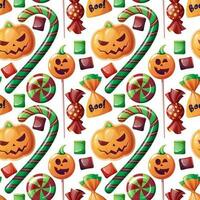 Seamless pattern with Halloween sweets on a white background. Cookies in the form of pumpkin, candy, lollipop, marshmallow. Trick or treat. Festive texture great for wrapping paper, wallpaper, fabric. vector