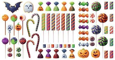 A set of sweets for Halloween. Cookies in the form of a ghost, a bat, a pumpkins. Sweet candies and lollipops with a spiral pattern in Halloween style vector