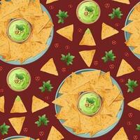 Seamless pattern with a plate of nachos and guacamole sauce and cilantro on a red background. Traditional Mexican food. Corn chips. Vector background for wrapping paper, fabric, wallpaper.