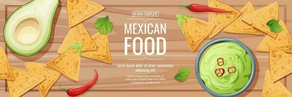 Horizontal banner with nachos and guacamole sauce. Traditional Mexican food. vector