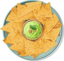 Bowl with guacamole and nachos. Mexican national food. Delicious crispy corn chips with avocado sauce. Vector illustration isolated background