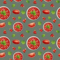 Seamless pattern with salsa, tomatoes and cilantro. Texture with traditional mexican food. Great for fabric, wallpaper, menu vector