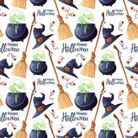 Vector Halloween Seamless pattern with hat, witches cauldron and broom with lettering. Magical background for a terrible holiday