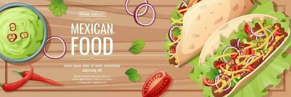 Horizontal banner with tacos with meat filling and vegetables. Tortilla stuffed with guacamole sauceTraditional Mexican food. vector