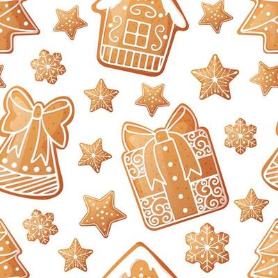 Seamless pattern with Christmas gingerbread. Texture with New Year cookies and white icing. Great for paper, textile, wallpaper
