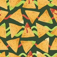 Seamless pattern with nachos on a white background. Traditional Mexican food. Corn chips with salsa. Vector background for wrapping paper, fabric, wallpaper. Latin American food