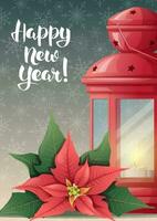 Christmas card with holiday lantern and poinsettia. Great for new year banner, poster, flyer, party invitation. vector