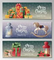 Set of christmas banners with bunch of gift boxes, red lantern, rocking horse. Festive Christmas background with winter decor. Vector illustration for banner, flyer