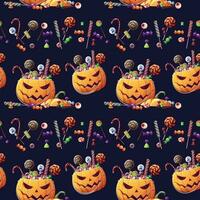 Seamless pattern with Halloween sweets and pumpkin on a white background. Trick or treat. Seamless texture for wrapping, textile, wallpaper, etc. vector