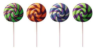 Sweet lollipops with Halloween striped pattern, twisted hard sugar candies on wooden stick. Vector cartoon set of caramel suckers with swirly patterns