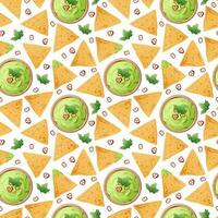 Seamless pattern with nachos on a white background. Traditional Mexican food. Corn chips with guacamole sauce. Vector background for wrapping paper, fabric, wallpaper. Latin American food