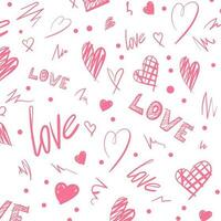 Valentine s day seamless pattern. Pink lettering, hand-drawn hearts. Trendy texture for textiles, wrapping paper and more. vector