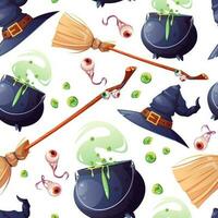 Seamless pattern with witch accessories. Cauldron, broom hat. Texture for Halloween vector