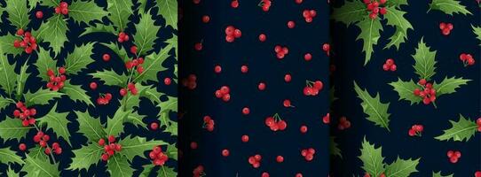 Set of Christmas seamless patterns with holly branches, leaves and berries on a dark background. Christmas mood. Suitable for wrapping paper, wallpaper, textile vector