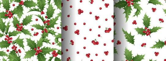 Set of Christmas seamless patterns with holly branches, leaves and berries on a white background. Christmas mood. Suitable for wrapping paper, wallpaper, textile vector