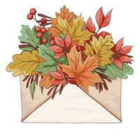 Vector composition of autumn leaves in an envelope. Autumn illustration for the design of postcards, invitations, gifts, books, textiles, etc