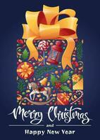 Navidad nuevo año tarjeta. regalo con un arco desde el Navidad decoración en un azul antecedentes. festivo diseño para saludo tarjeta, bandera, póster, invitación. vector ilustración