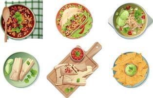Traditional mexican food on isolated background. Tamales with salsa sauce, tacos, nachos with guacamole sauce, bean and lime soup. National cuisine. Fast food vector illustration