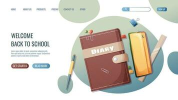 Landing page template with school diary, pencil case and stationery.Back to school landing page template. Concept web design, website page development. Isolated vector illustration. Modern background