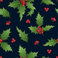 Seamless pattern with holly leaves and berries on a dark background. Christmas and New Year texture. Great for wrapping paper, textiles, wallpapers vector