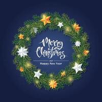 Navidad guirnalda de abeto ramas decorado con oro y plata estrellas. nuevo año vector ilustración para tarjetas pancartas, decoración, diseño