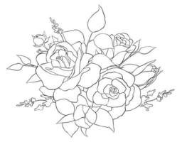 Vector illustration of a composition of roses and leaves. Hand drawn contour illustration for decoration, decor, postcards, books, coloring pages, etc.