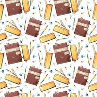 Seamless pattern with diary, pencil case, paper clips, pen, pencils on a dark background. Back to school, knowledge day. Suitable for textiles, paper, wallpapers, etc. vector
