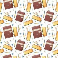 Seamless pattern with diary, pencil case, paper clips, pen, pencils on a dark background. Back to school, knowledge day. Suitable for textiles, paper, wallpapers, etc. vector