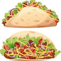 Tasty Mexican is on an isolated background.Traditional Mexican food Tortilla with filling. Corn cake with meat with tomatoes, cheese, salad, pepper, onion, guacamole sauce. vector