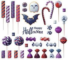 A set of sweets for Halloween. Cookies in the form of a ghost, a bat. Sweet candies and lollipops with a spiral pattern in Halloween style vector