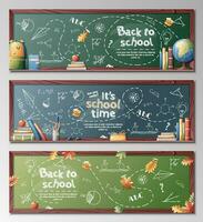 conjunto de pancartas con colegio tablero y colegio suministros. antecedentes espalda a escuela, conocimiento día, estudiar. vector ilustración.