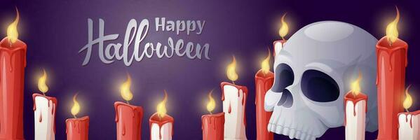 Halloween banner template with skull and candles. Vector background for posters, flyers, banners.