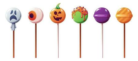 Halloween sweet lollipops, round lollipops. Vector cartoon set of caramel suckers with patterns, candy on a stick with a pattern of pumpkin, ghost