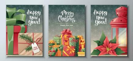 conjunto de Navidad tarjetas con manojo de regalo cajas, rojo linterna, balanceo caballo. festivo Navidad póster con invierno decoración. vector ilustración para bandera, volantes, tarjeta postal