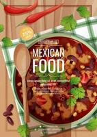 Flyer template with bean soup. Delicious dish with kidney beans, meat, corn, tomatoes and chili peppers.Traditional Mexican food. vector