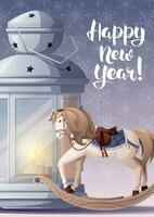 Navidad tarjeta con balanceo caballo fiesta linterna. genial para nuevo año bandera, póster, volantes, fiesta invitación. vector