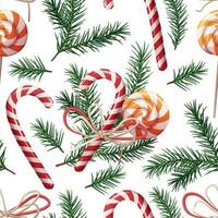 Seamless pattern with spruce and lollipops on a white background. Christmas New Year texture. Great for wrapping paper, wallpapers, textiles, etc. vector