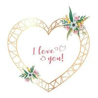 Golden heart frame for valentines day card and wedding invitation. Simple metal heart frame with floral elements vector