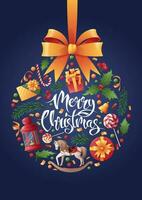 Christmas card with festive decor on a blue background. Festive design for greeting card, invitation, flyer, cover, calendar vector