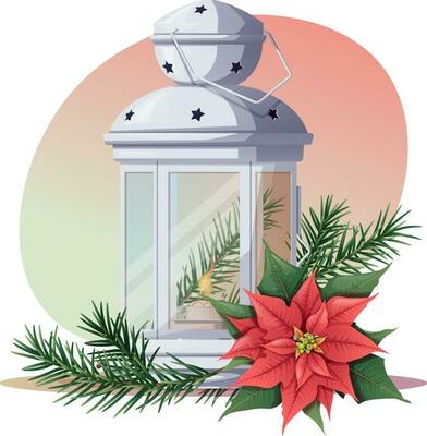 Christmas lantern with fir branches and poinsettia. Vector winter illustration for cards, posters, banners, stickers, invitations.