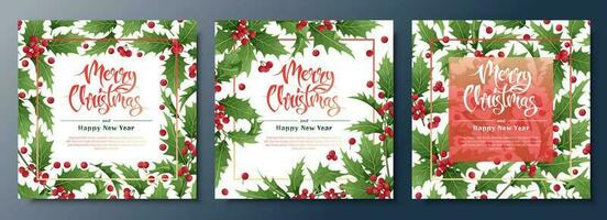 Set of backgrounds with holly leaves and berries. Christmas and New Year decor. Great for postcards, banners, invitations. vector