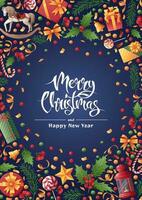 Christmas card with festive decor on a blue background. Poster with elements of New Year s decor gifts, holly, lantern, spruce, etc. Suitable for invitations, postcards, banners, posters. vector