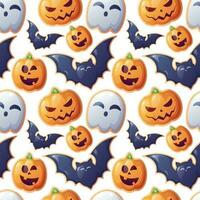 Seamless pattern with Halloween sweets. Cookies in the form of a ghost, a bat, a pumpkin. Trick or treat. Festive texture great for wrapping paper, wallpaper, fabric, etc. vector