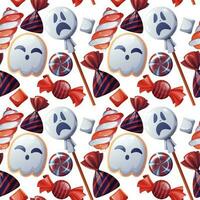 Seamless pattern with Halloween sweets. Ghost cookies, candy, lollipop, marshmallow. Trick or treat. Festive texture great for wrapping paper, wallpaper, fabric, etc. vector