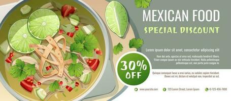 Discount voucher, mexican food template design. Coupon with lime soup and tomatoes. Banner, poster, flyer, advertising for a restaurant vector